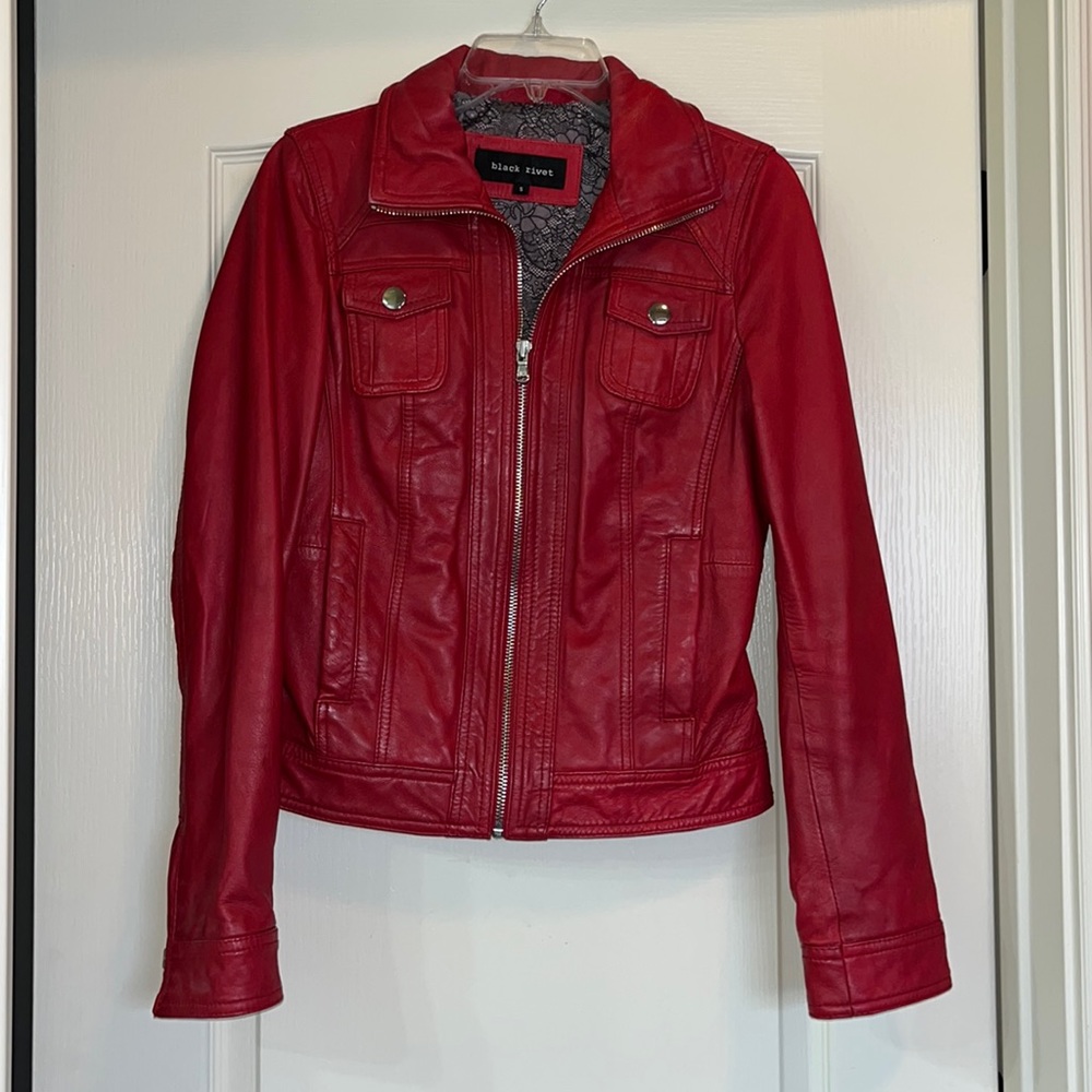 Genuine Red Leather, Black Rivet Jacket